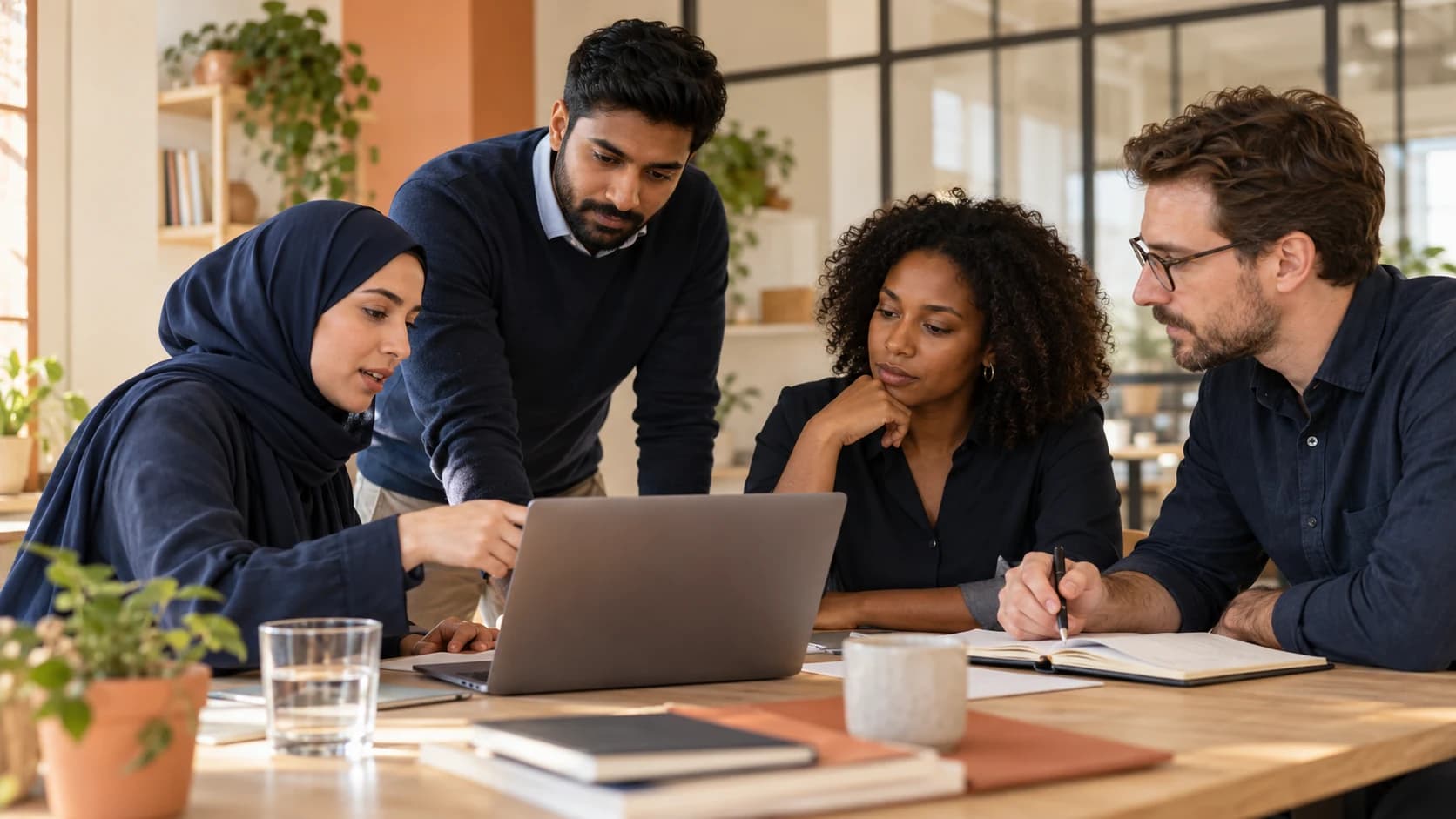 Illustrative scene of four business professionals reviewing work together around a laptop.
